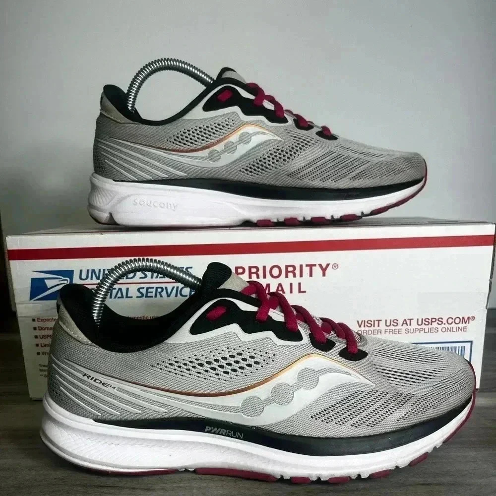 Saucony Ride 14 PwrRun Running Shoes Womens 9.5 Grey Bronze Pink walking Gym